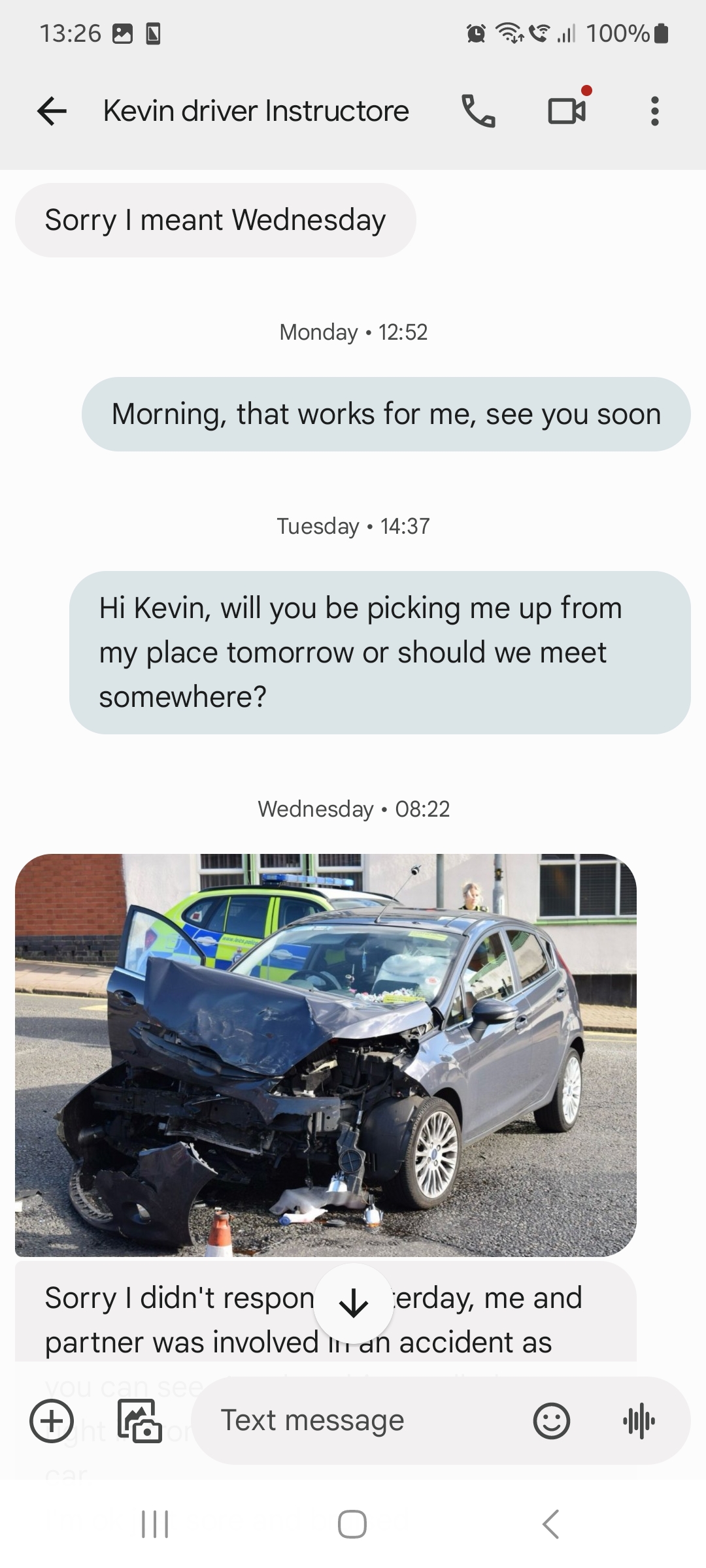 Text message showing his supposed car accident