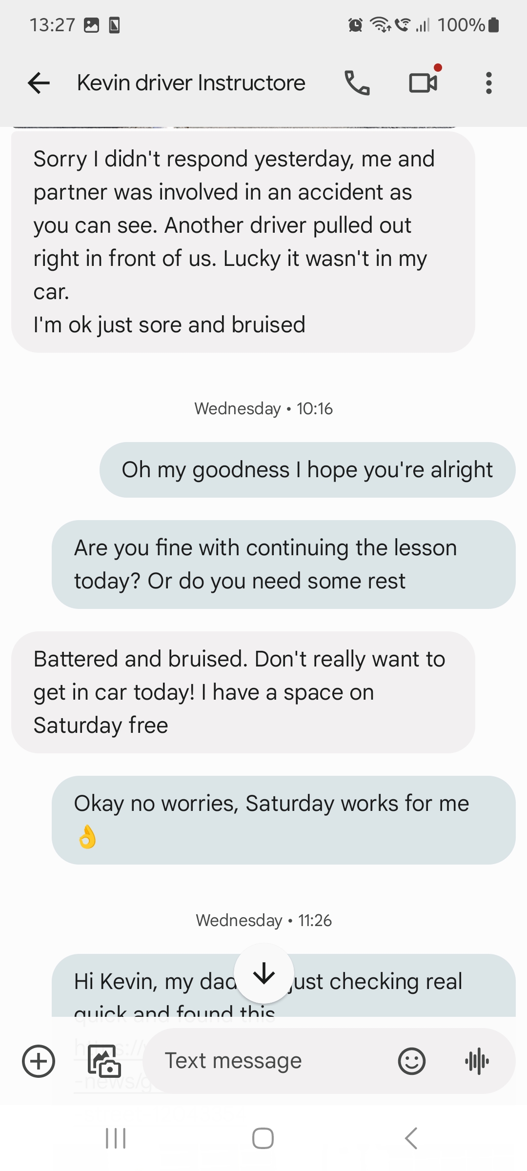 Text message showing more of supposed car accident