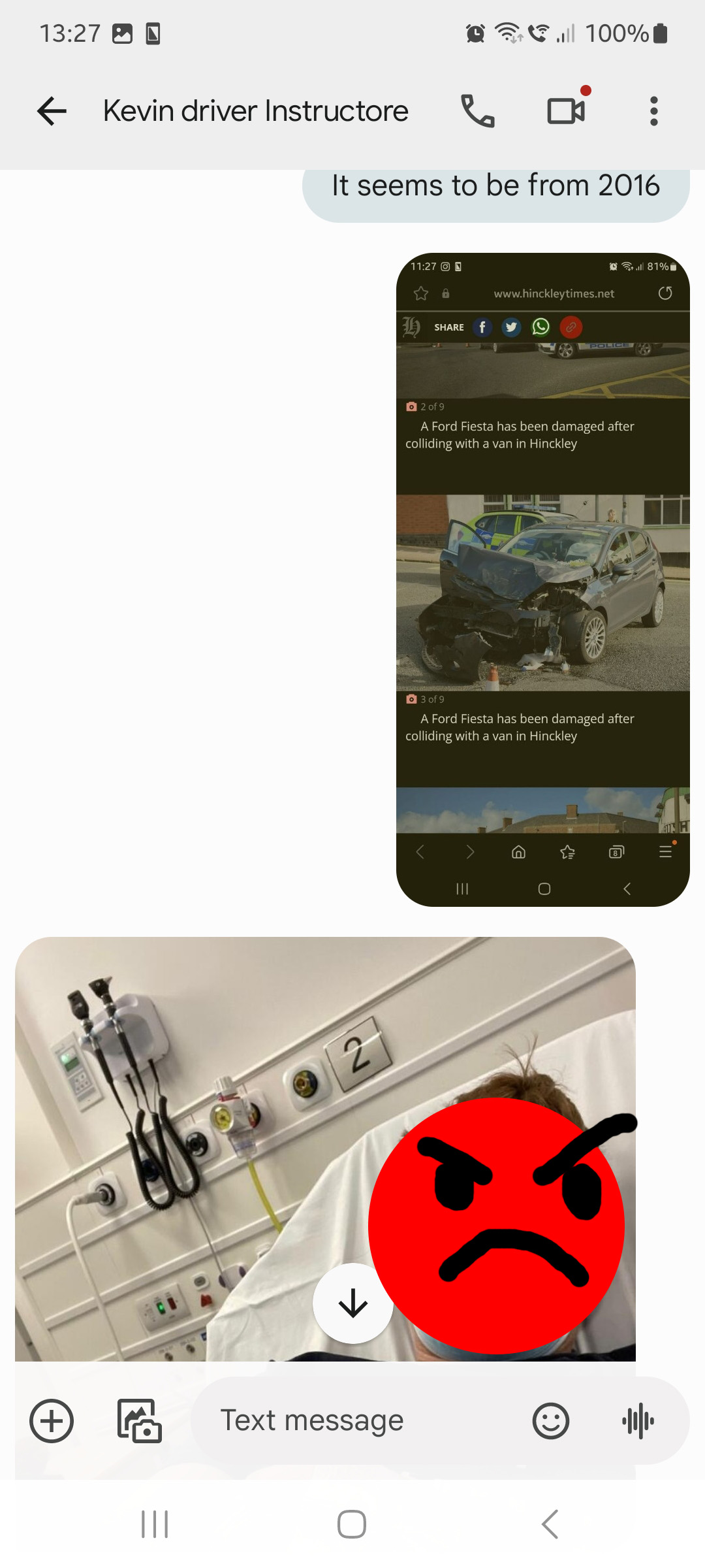 Text message showing news article from 2016 where he got the image of the car wreck and him supposedly in the hospital